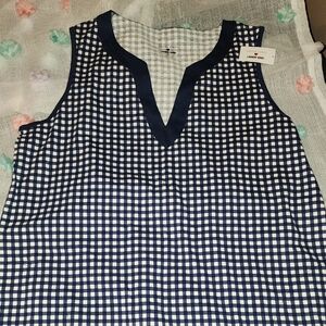 Lands' End Navy and White Checkered V-Neck Top